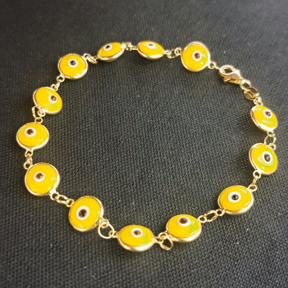 Yellow Gold Over 925 Sterling Silver Evil Eye Bracelet 8inch - Picture 1 of 2